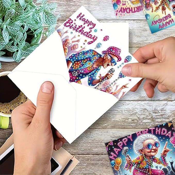 DoxQcs 5D Diamond Art Painting Greeting Cards Kit, DIY Cards for Blessings Congratulations Gifts, Greeting Card Set for Birthday Thanksgiving Day Christmas Halloween-Birthday Rock Party