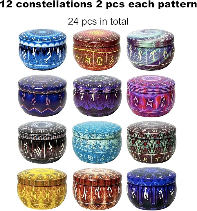24 pcs 12 Constellation Patterns Candle Tins for Candle Making Empty Candle Jars with Lids