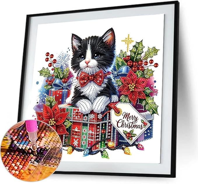 Xmas Gift Cat 5D Special Shape Diamond Art Kits for Beginners, Christmas Winter Theme Diamonds Painting Kits for Adults,DIY Crystal Rhinestones Diamond Paintings for Home Wall Decor 12×12Inch