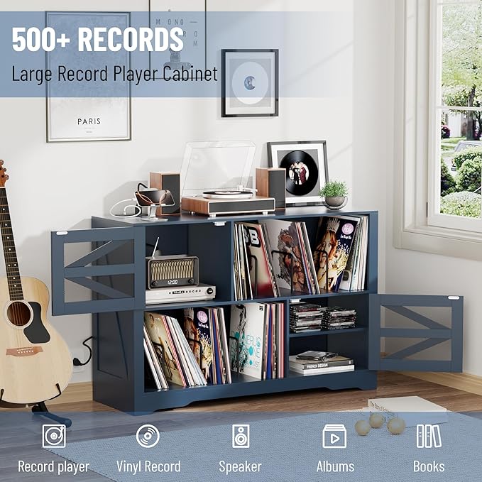 Large Record Player Stand with Vinyl Storage, 500+ Vinyl Record Storage Cabinet, 47 Inch Record Player Table with Power Outlet, Farmhouse Wooden Turntable Stand for Living Room, Blue
