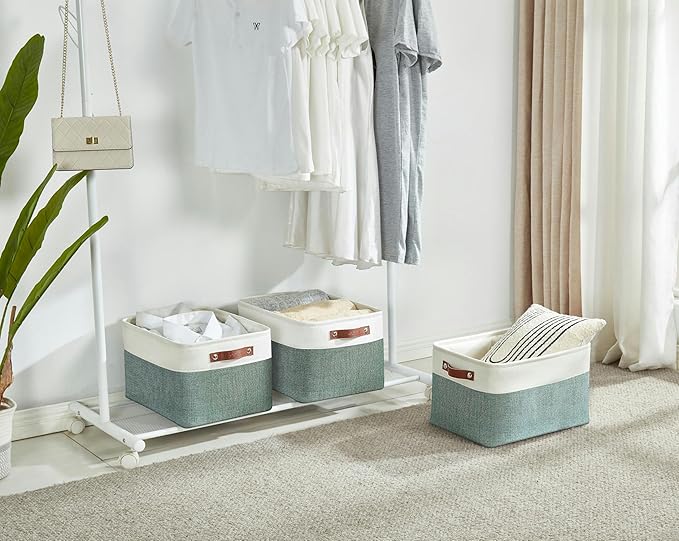 DECOMOMO Storage Baskets for Shelves - Fabric Storage Bins, Linen Closet Organizers and Storage (Green & White, Large - 3 Pack)
