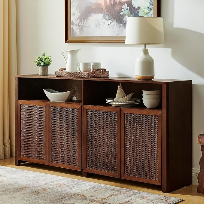 Amposei 63’’ Rattan Sideboard Cabinet, Boho Mid Century Modern Credenza Buffet Table & TV Console with Adjustable Shelves and Open Storage for Living Room, Hallway, Entryway, Kitchen & Dining, Walnut