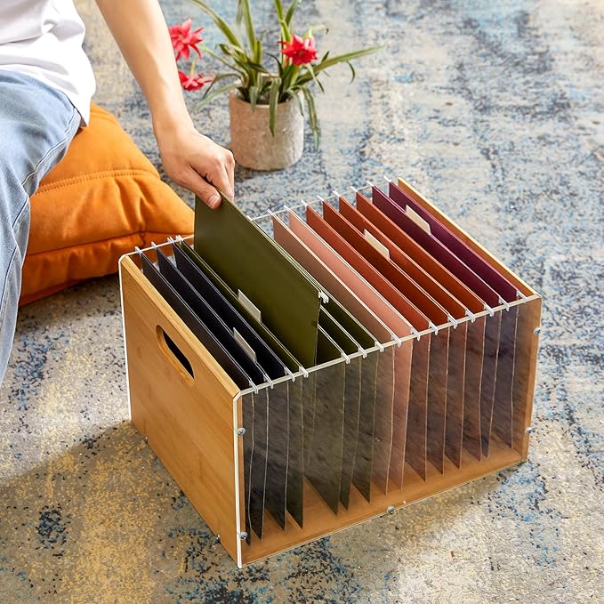 Sbanmao Letter/Legal Bamboo Acrylic File Box Organizer, Hanging File Folder Storage Boxes, Decorative Document Crate Transparent Filing Bin with Handle for Home Office Desk
