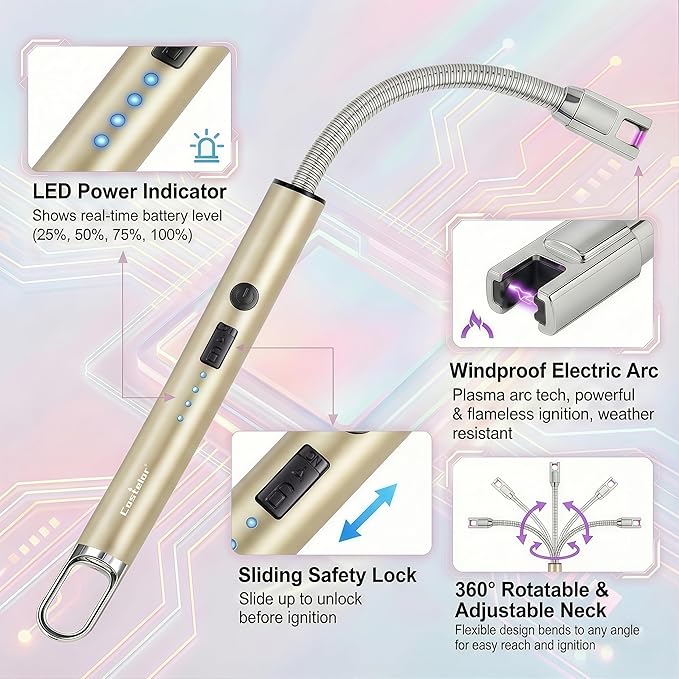 Castelar Electric Candle Lighter with Long Flexible Neck, USB Rechargeable Arc Lighter with Safety Lock for Candle, BBQ, Camping, Housewarming, and Birthday Gifts