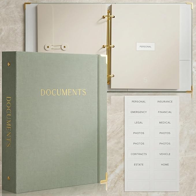 Sturdy Document Organizer Set with Folders - Beautiful Linen 3-Ring Binder Safely Stores All Important Documents & Files in One Place - Easy to Use Expanding Storage Incl. Envelopes, Pockets & Labels