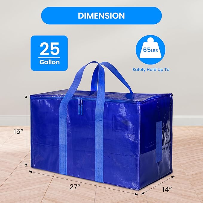 Simple Deluxe 12 Pack Extra Large Moving Bags with Lids, Reinforced Handles and Zippers, Heavy Duty Storage Tote for Moving Travel Camping Space Saving, Blue