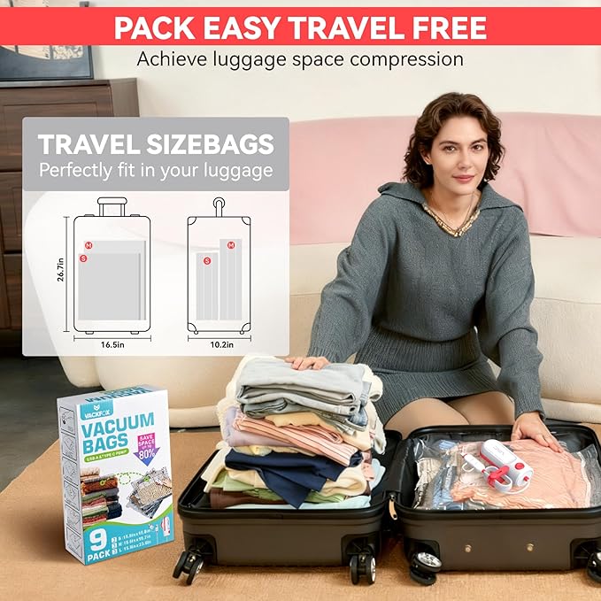Travel Vacuum Bags with USB & TYPE C Pump,9 Pack Carry-On Size Vacuum Storage Bags for Luggage and Suitcase,Vacuum Luggage Bags,Space Saver for Clothes and Clothing Travel(Red)
