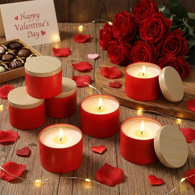 Honeydak 36 Pcs 4oz Red Candle Jars Bulk Candle Tins Small Empty Containers with Metal Wood Grain Printing Lids for Making DIY Jars Storage Wedding Gifts