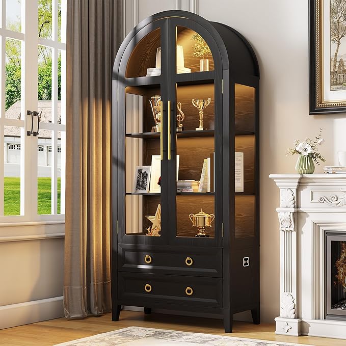LVSOMT 71" Tall Arched Storage Cabinet with Glass Doors and Drawers, Curio Display Cabinet with Adjustable LED Light & Human Sensor, 4-Tier China Cabinet for Living Room(Black)