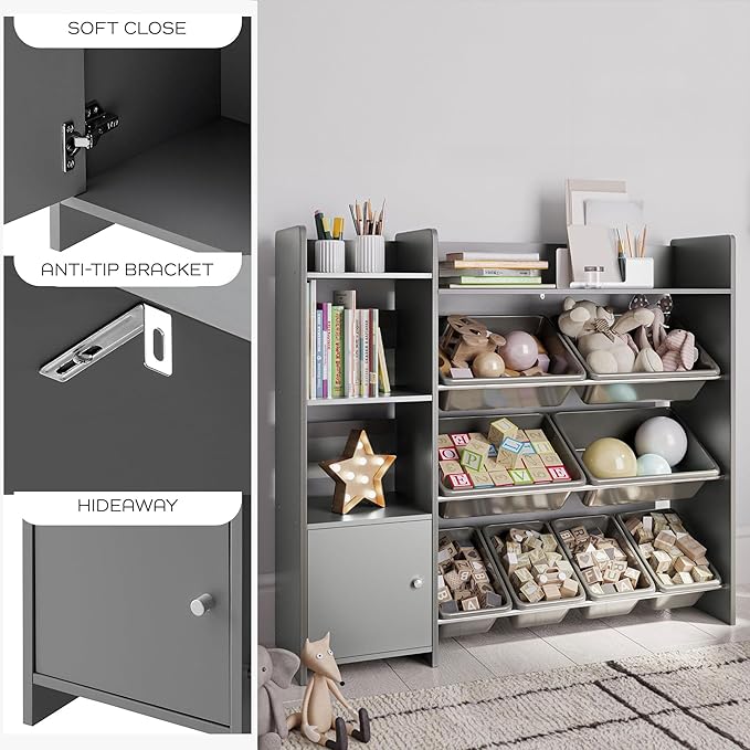 Sturdis Toy Storage Organizer with Bookshelf, Kids Playroom Organization Shelving Unit with Removable Storage Bins & Safety Anti-Tip Bracket, Gray