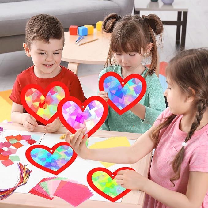 Qyeahkj 36 Set Valentine's Day Suncatchers Craft for Kids DIY Heart Window Tissue Paper Crafts Kit Red Heart Hanging Decor for Valentine School School Home Activity Art Project Party Favor Gift