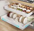 Seinloes 2 Pack Pull out Cabinet Organizer 21" Deep With Raising Pad for Framed Cabinets,Expandable (15.2"-26.3"W) Slide out Drawers for Kitchen Cabinets with 4pcs Divider Racks,Roll out Shelves,White