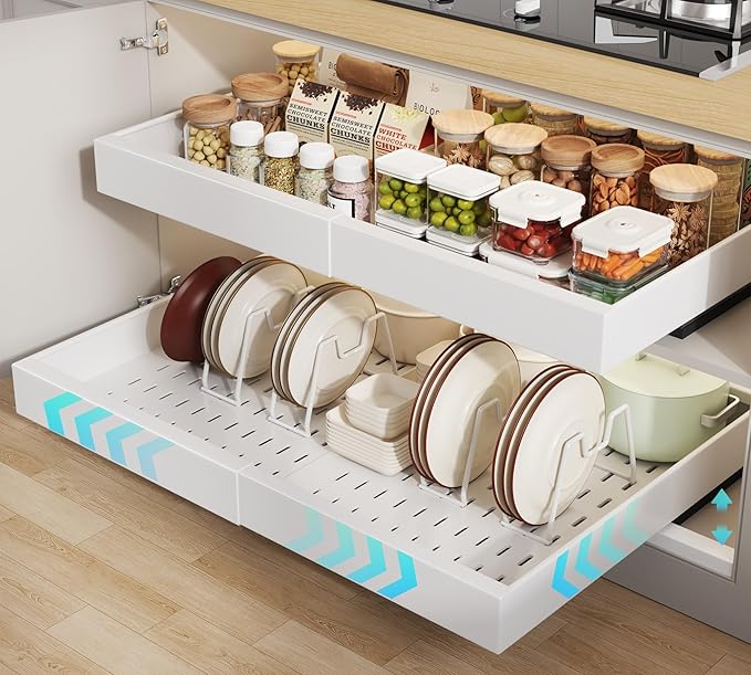 Seinloes 2 Pack Pull out Cabinet Organizer 21" Deep With Raising Pad for Framed Cabinets,Expandable (15.2"-26.3"W) Slide out Drawers for Kitchen Cabinets with 4pcs Divider Racks,Roll out Shelves,White