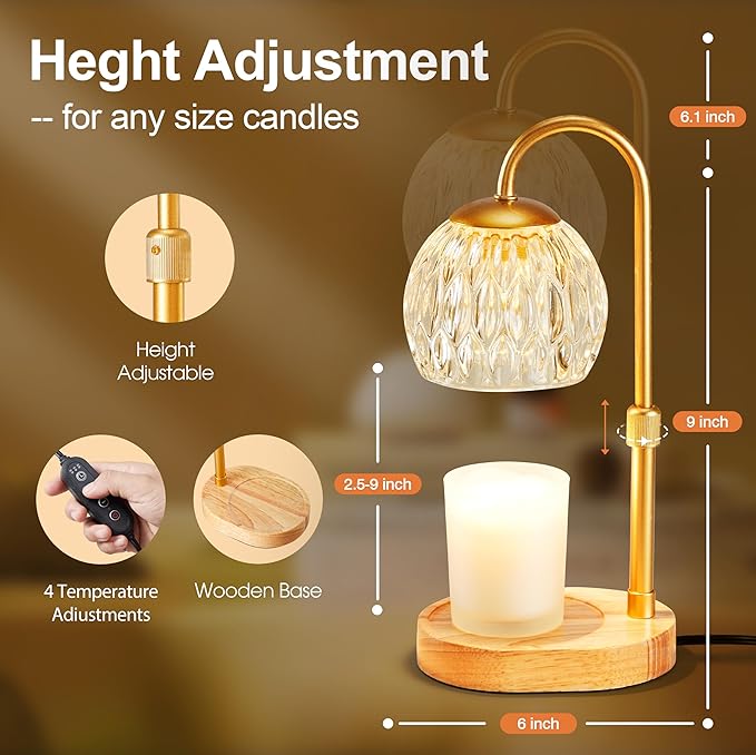 Dreamholder Candle Warmer Lamp, Glass Electric Wax Melter Warmer Lamp with Timer & Dimmer, Vintage Wax Warmer Adjustable Height Scented Candles, for Home Decor Gifts, Gold