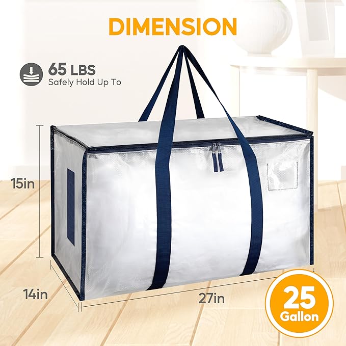 HealSmart 12 Pack Large Moving Bags with Zippers & Handles, Moving Supplies with lids, Heavy Duty Totes for Space Saving, Fold Flat, Moving and Storing, Clear