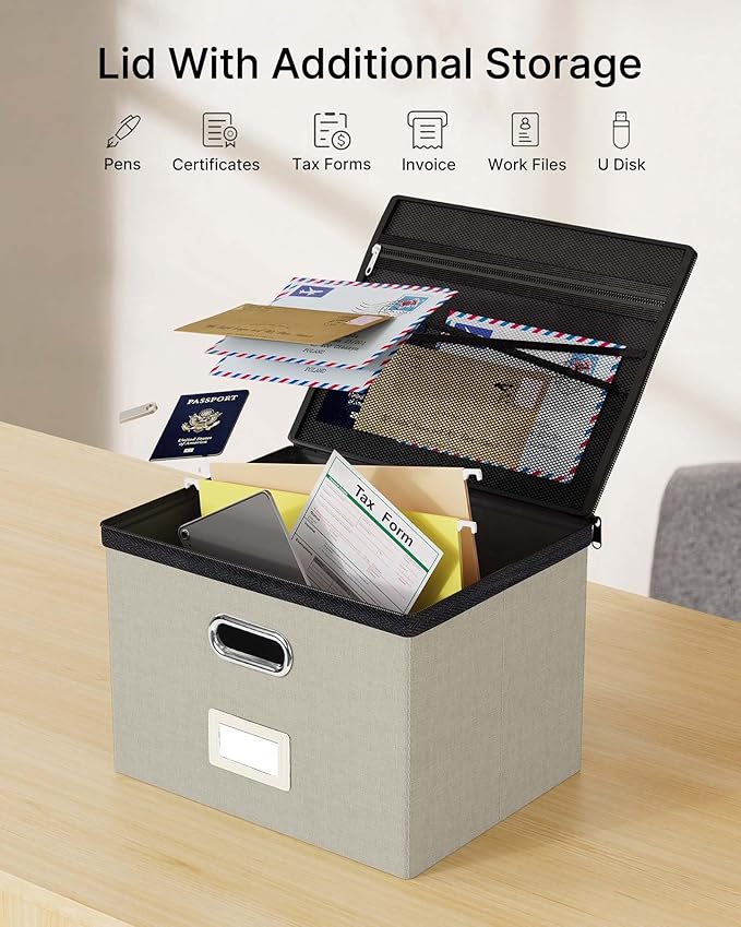 Oterri File Organizer Boxes with Lids, File Box with Mesh Pockets, Document Organizer Box for Letter Size Folders, Zippers Important Document Organizer (Beige, Large-2 Pack Without Folders)