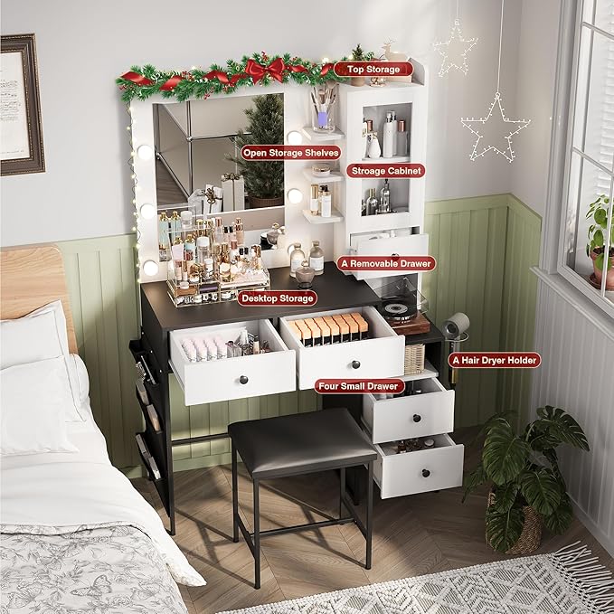 YIKEHOME Makeup Vanity Desk with Mirror and 10 Lights, 3-Colour Hollywood Brighter Bulbs, Vanity Table Set with Large Drawers and and Charging Station for Bedroom Dressing Room White Black