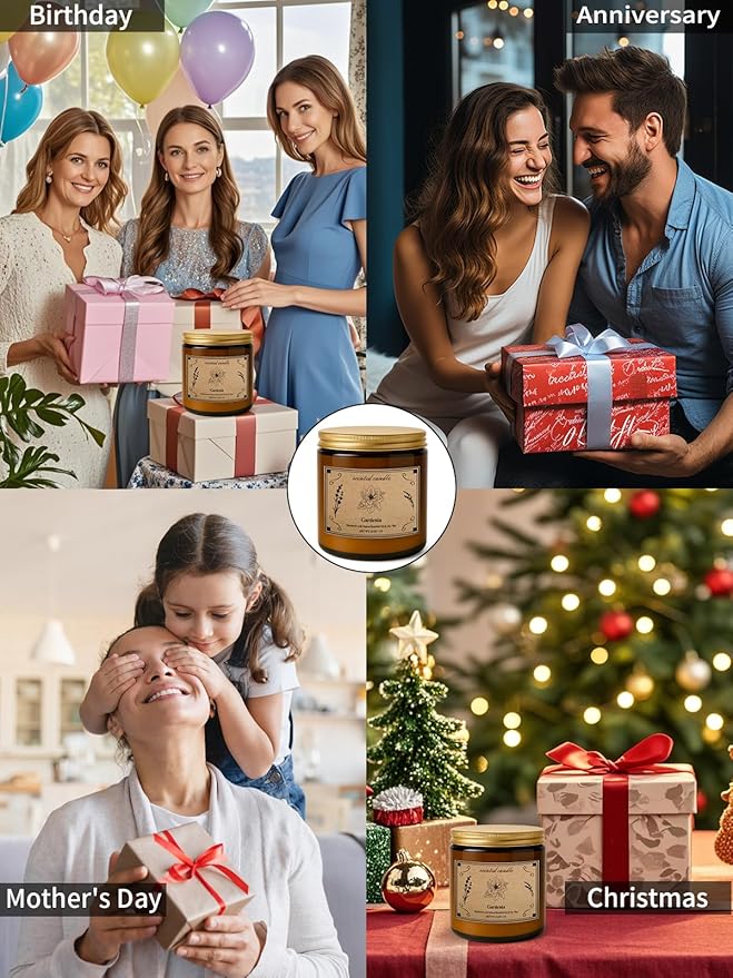 Scented Candles for Home, 16oz Soy Wax Candle, 100 Hour Burn Time, Gardenia Scented Candle for Men & Women, Highly Scented, Amber Glass Jar Candle as a Ideal Gift