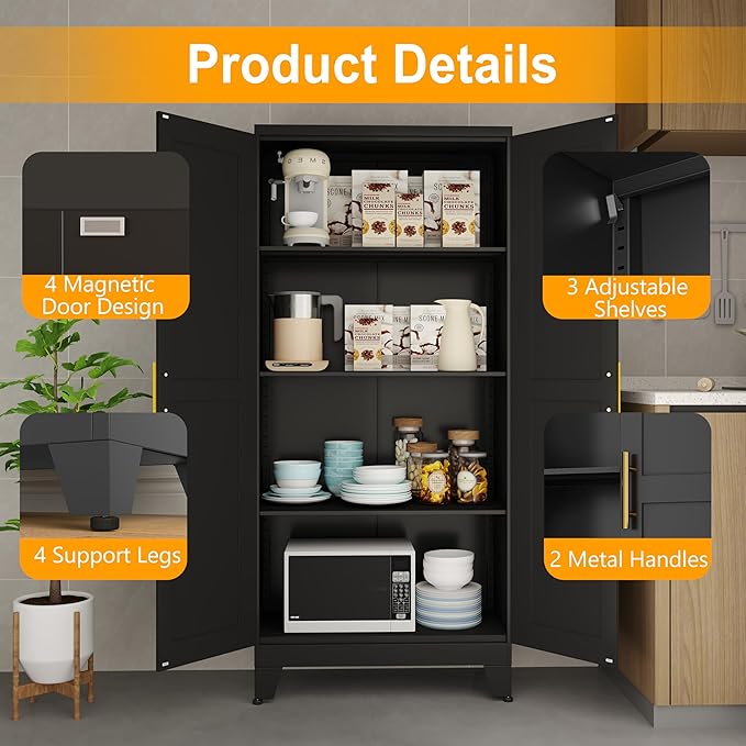 Ckzbx Black Metal Cabinets with Doors and Shelves, 61" H Storage Cabinet Pantry Cabinet Garage Cabinets for Kitchen, Living Room, Dinning Room