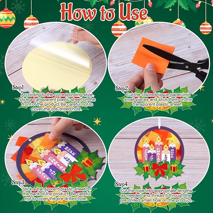 Tinlade 32 Packs Christmas Advent Wreath Suncatchers Crafts Make Your Own Advent Candle Suncatchers DIY Tissue Craft Gifts Joy Christ Hope Hanging Ornaments Xmas Home Church Classroom Activities