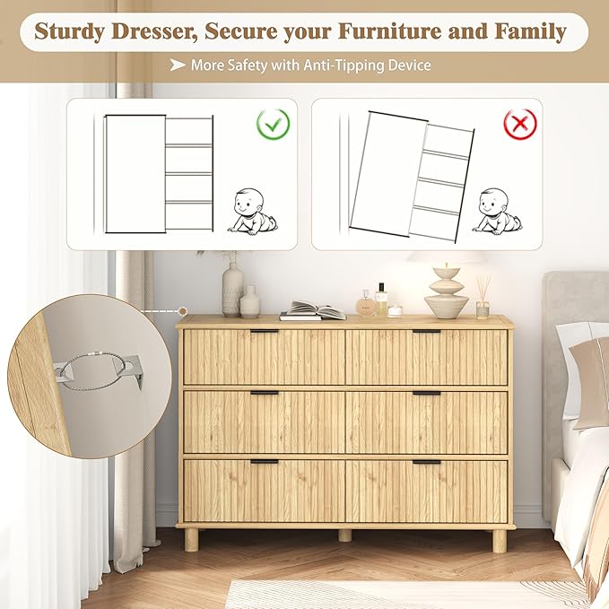 Fluted 6 Drawer Dresser for Bedroom, 47.8" Wide Chest of Drawers with Solid Wood Legs, Wooden Modern Double Dresser TV Stand Organizer for Living Room, Hallway Natural Oak