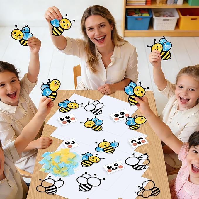 Qyeahkj 36 Set Spring Bee Suncatchers Crafts for Kids DIY Insect Bug Window Tissue Paper Craft Kit Hanging Decor for Classroom Home Activity Art Project Birthday Party Favor