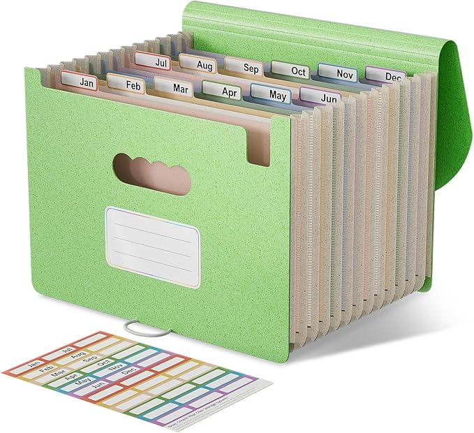 EcoStash Accordion File Organizer, 12-Pocket Wheat Straw Expanding File Folder, Portable Monthly Bill & Tax Receipt Organizer, Letter/A4 Size Document Holder with Colorful Tabs-Grass Green
