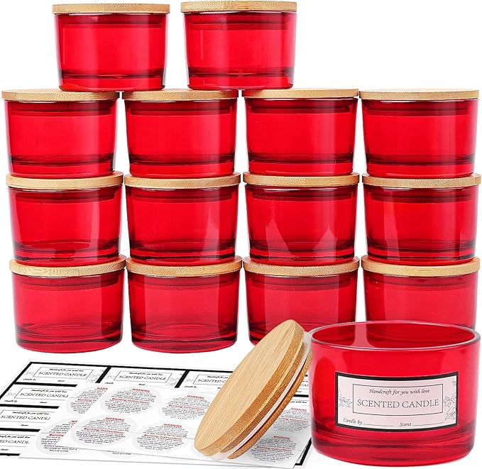 CONNOO 15 Pack 4 OZ Red Glass Candle Jars with Airtight Bamboo Lids for Making Candles, Bulk Small Wide Mouth Empty Candle Containers with Sticky Warning Labels - Dishwasher Safe