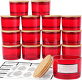 CONNOO 15 Pack 4 OZ Red Glass Candle Jars with Airtight Bamboo Lids for Making Candles, Bulk Small Wide Mouth Empty Candle Containers with Sticky Warning Labels - Dishwasher Safe