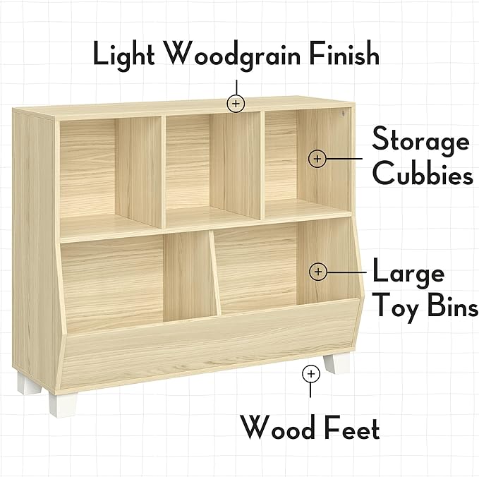 RiverRidge Catch-All Kids Toy Storage Organizer with 3 Cubbies and 2 Storage Bin Compartments - 35 Inch Wide Light Woodgrain Kids Room Decor Toy Organizers and Bins