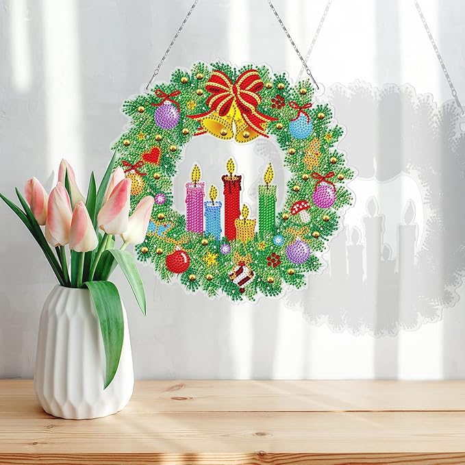 Diamond Art Christmas Candle Bells Wreath with LED Light String DIY 5D Diamond Dots Painting Christmas Hanging Pendant Special Shaped Gem Paint by Number Kits for Front Door Home Wall Christmas Decor