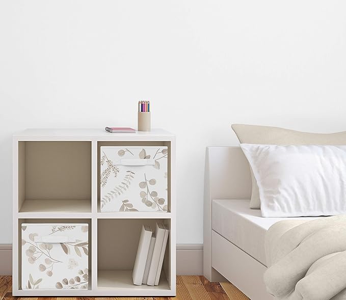 Sweet Jojo Designs Floral Leaf Foldable Fabric Storage Cube Bins Boxes Organizer Toys Kid Baby Children - Set of 2 - Ivory Cream Beige Taupe Gender Neutral Boho Watercolor Botanical Flower Woodland
