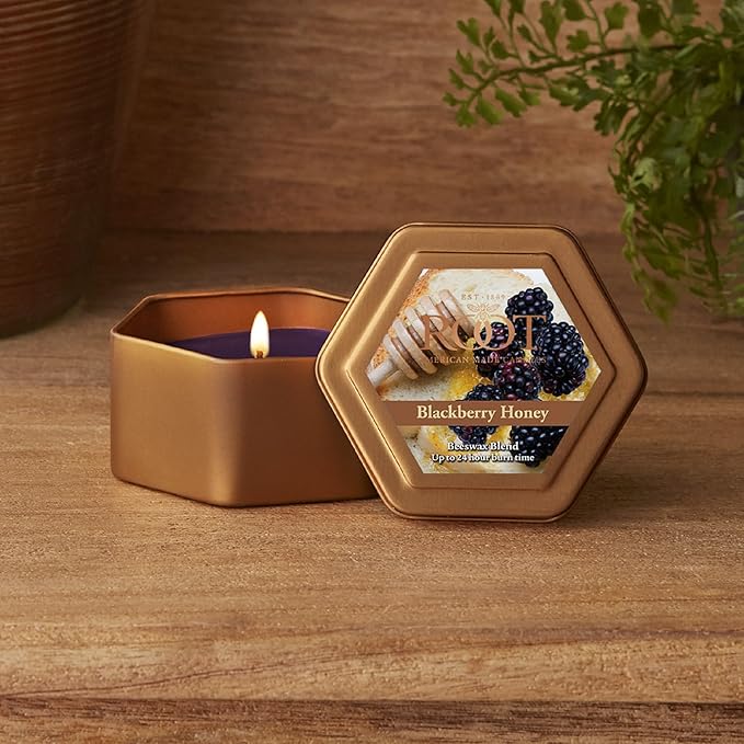 Root Candles Scented Candles in Travel Tin 24-Hour Honeycomb Traveler Handcrafted Beeswax Blend Candle, 4-Ounce, BlackBerry Honey
