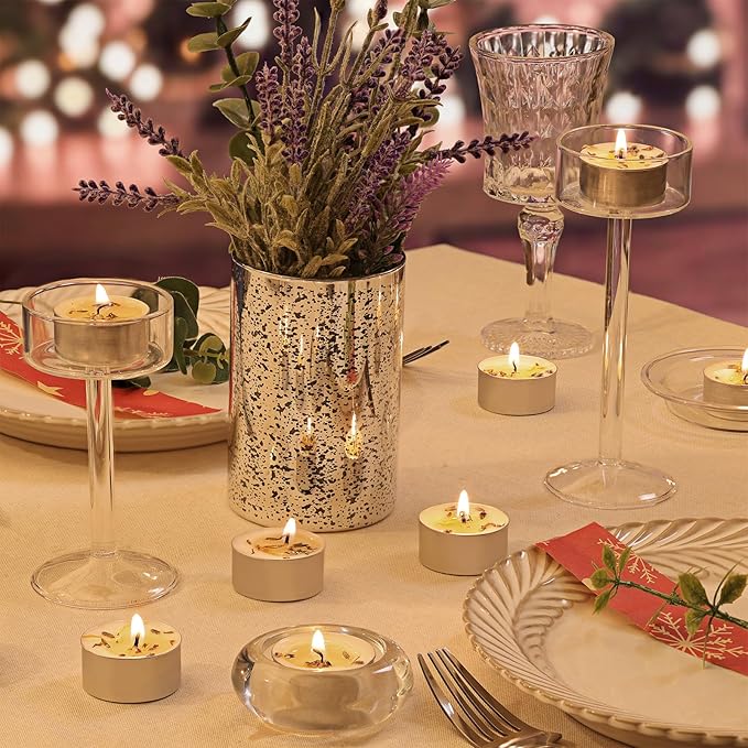 16 Pcs Lavender Scented Tealight Candles, 6H Long Burning - 100% Palm Wax Based Scented Tea Lights with Dried Flowers, Non-Toxic/Smokeless Scented Tea Lights Candles for Spa, Bath, Wedding