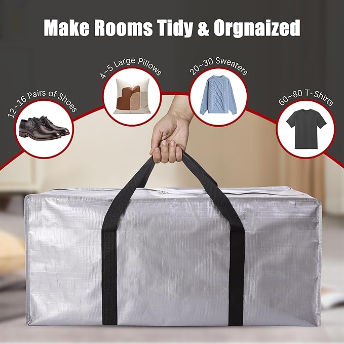 PANDA JOYS Extra Large Moving Bags with Zippers & Carrying Handles, Heavy-Duty Storage Tote for Space Saving Moving Storage, Fold Flat, Alternative to Box and Bin - 8 Pack, Silver