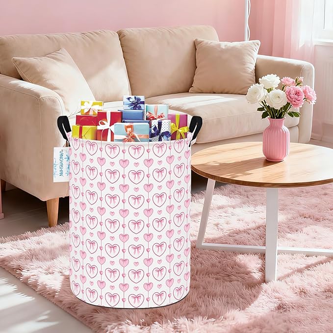 LANGYASHAN Laundry Basket Canvas Fabric Collapsible Organizer Basket for Storage Bin Toy Bins Gift Baskets Bedroom Clothes Children Nursery Hamper (Pearl Heart)