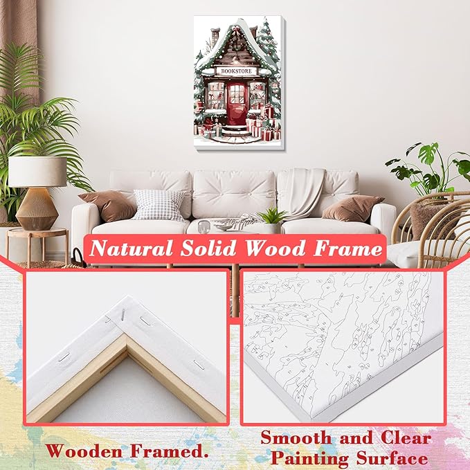 Skyboda Bookstore Paint by Numbers Kit for Adults Beginners with Frame, Christmas Adult Paint by Number Kits on Canvas, Easy DIY Oil Painting Kits for Home Decor, 8x12in