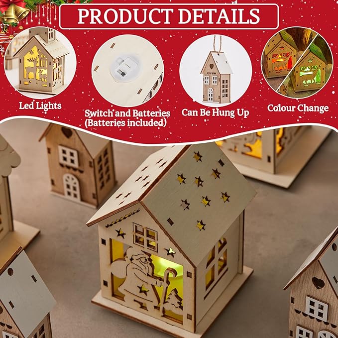 29pcs Christmas Village Sets Lighted DIY Wooden Christmas Village Houses for Crafts Accessories Wood House to Paint with Xmas Miniatures Trees Winter Snow Xmas Display Ornaments Craft Gift