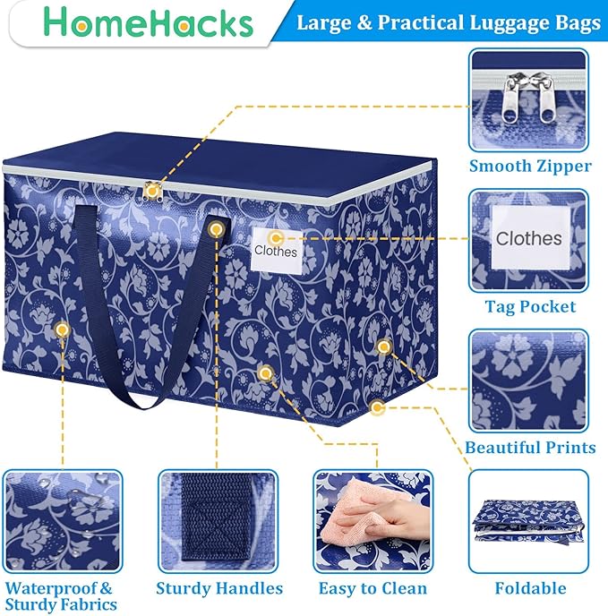 HomeHacks Moving Bags, Extra Large Size Moving Boxes, Heavy Duty Luggage Bags with Smooth Zipper and Sturdy Handles, Large Capacity & Easy Loading Storage Totes for Space Saver 125L, 6-Pack, Blue