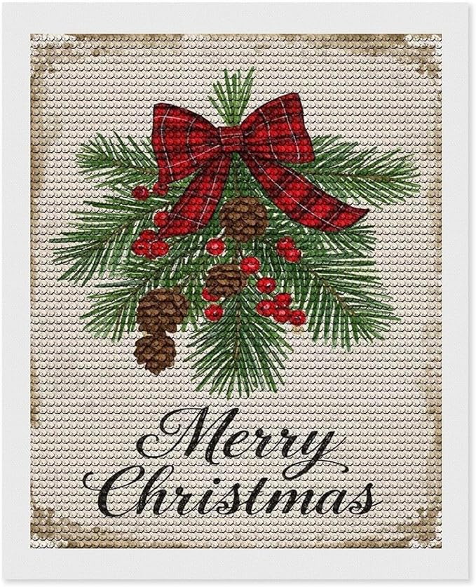 AIVKIEJK Diamond Painting Kits for Adults - Merry Christmas Holly, Pine Cones & Red Plaid Bow Painting DIY 5D Full Drill Diamond Dots Paintings with Diamonds Gem Art and Crafts Home Decor 16"x20"