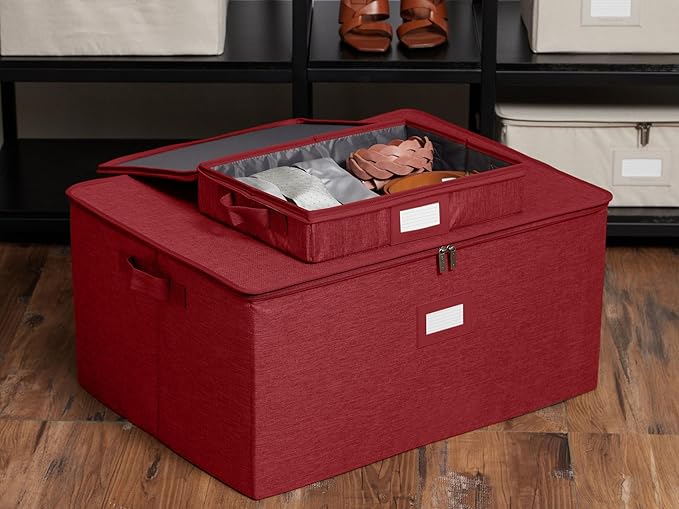 Covermates Keepsakes Zip-Top Storage Box Set, 3 Pack Heavy Duty Polyester Organizer Bins, Stackable Design, ID Window, Reinforced Handles, Closet Home Storage, Red Heather