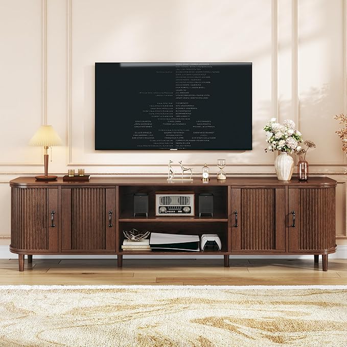 HUAHUU TV Stand for 75 inch TV, Mid Century Modern Entertainment Center for 55/60/65/75 inch TV, with Fluted Door Cabinets & Open Shelves, TV Consoles for Living Room, Walnut
