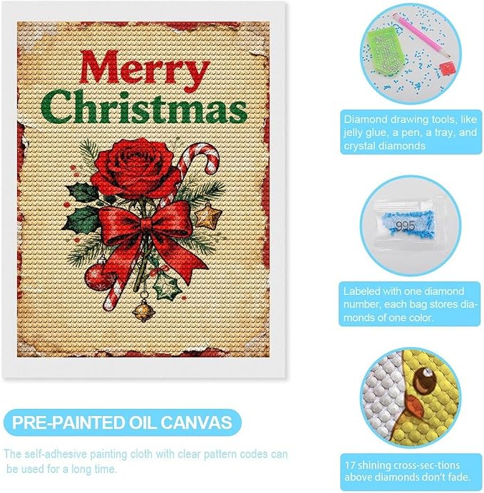 AIVKIEJK Diamond Painting Kits for Adults - Merry Christmas Santa, Holly & Vintage Painting DIY 5D Full Drill Diamond Dots Paintings with Diamonds Gem Art and Crafts Home Decor 12"x16"