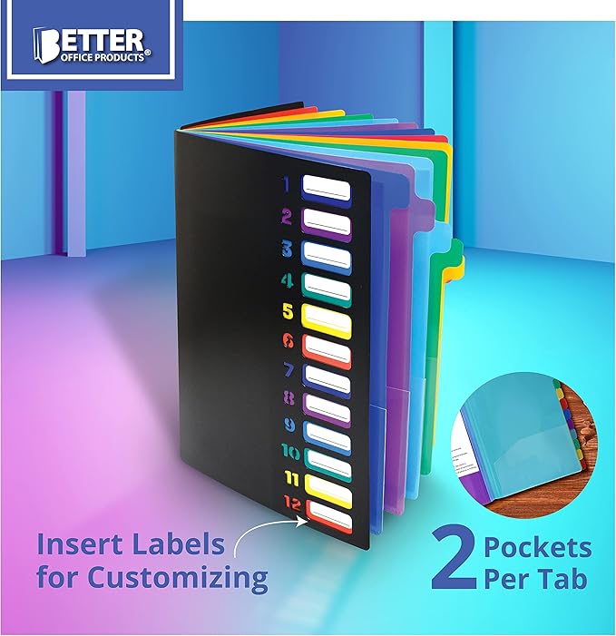 Better Office Products 24 Clear Pocket Expanding File Folder with 12 Colored Tabs, Letter Size, Holds 300 Sheets, Project File Organizer, Numbered Index on Cover,(1 Pack Black)