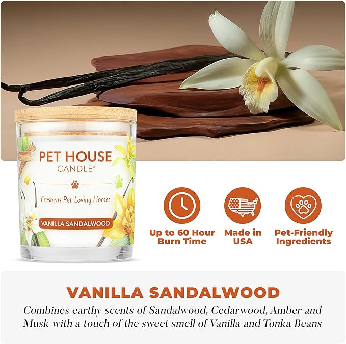One Fur All Pet House Candle Plant-Based/Soy - Clean Burning Scented, Long Lasting Pet Odor Candle for Home - Vanilla Sandalwood