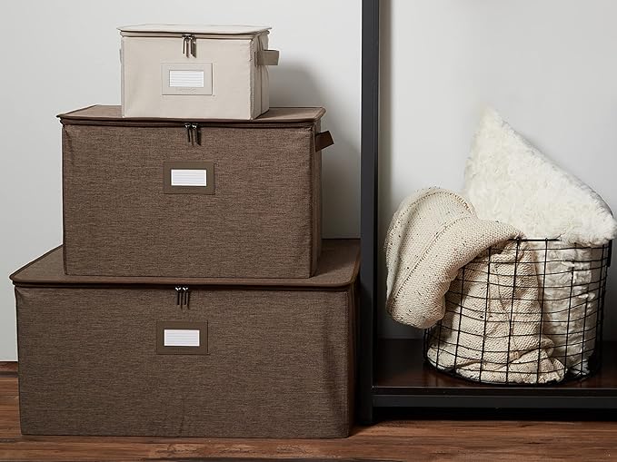 Covermates Keepsakes Zip-Top Storage Box Set, 3 Pack Heavy Duty Polyester Organizer Bins, Stackable Design, ID Window, Reinforced Handles, Closet Home Storage, Brown Heather