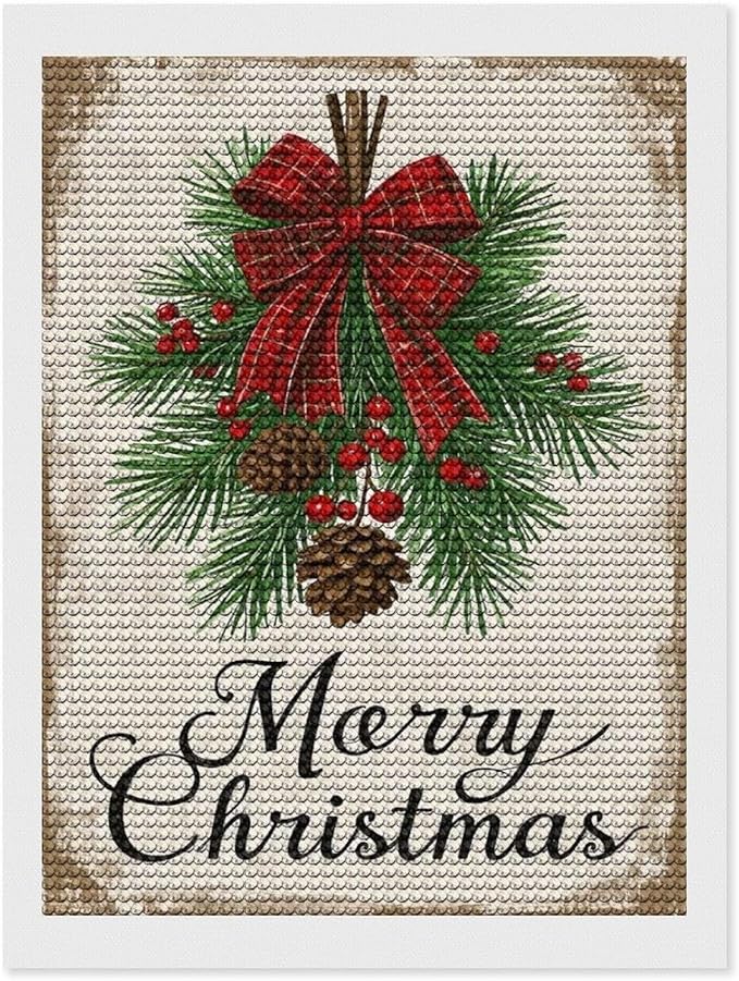 AIVKIEJK Diamond Painting Kits for Adults - Merry Christmas Holly, Pine Cones & Red Plaid Bow Painting DIY 5D Full Drill Diamond Dots Paintings with Diamonds Gem Art and Crafts Home Decor 12"x16"