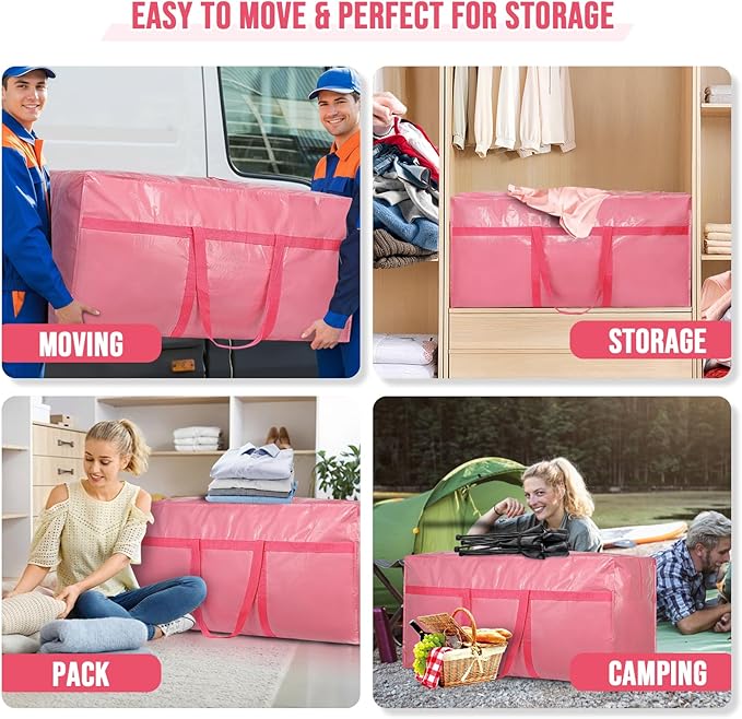 Extra Large Moving Bags Heavy Duty 2 Pack – Bubblegum Pink, 45x21x15 Inches Storage Bags for Moving, Packing, Traveling, and Organizing