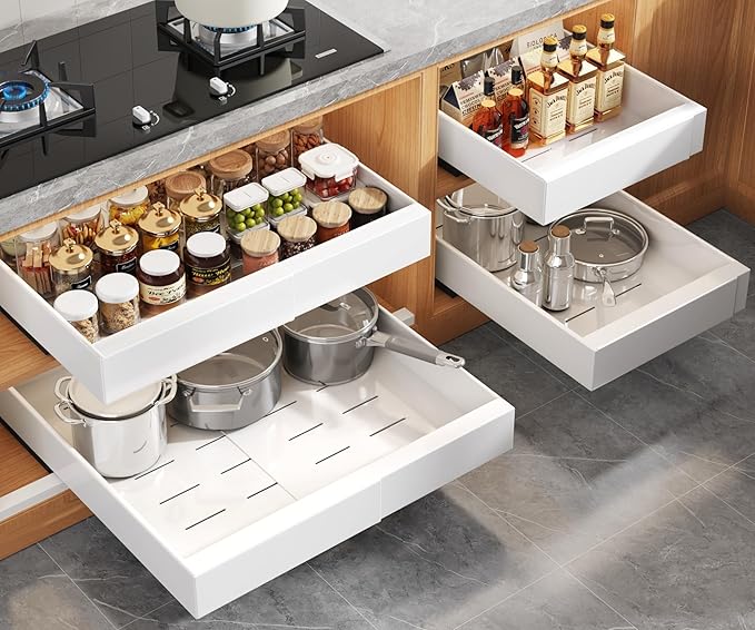 4 Pack Expandable Pull Out Cabinet Organizer 21"Deep With Raising Pad for Framed Cabinets,Upgrade 3 Slide Rails Slide Out Drawers,No Drill Roll Out Shelves,Adjustable Width 12.1"-20.4" White