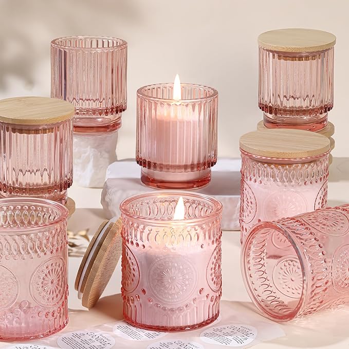 8 Pack Pink Assorted Glass Candle Jars for Making Candles-7 Oz, Empty Candle Containers, Candle Making Supplies, Candle Vessels with Bamboo Lids & Warning Labels, Centerpiece Table Decor